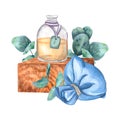 Composition with a glass bottle and Bags of fragrant herbs painted in watercolor isolated on a white background.