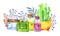 Composition with glass cosmetic bottles with oil, soap, flowerpot with cactus and flowers Royalty Free Stock Photo