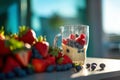 composition of glass of fresh berry milkshake smoothie on the table. raspberries, strawberries, blueberries., Generative AI