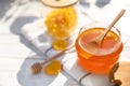 Composition with glass jar of fresh rose honey on white wooden table Royalty Free Stock Photo