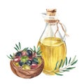 Composition of glass jug with olive oil, olives and olive branches in wooden bowl side view isolated on white background Royalty Free Stock Photo