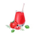 A composition with glass of tomato juice, tomatoes, basil, dill. Watercolor illustration for clip art decor menu label