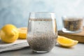 Composition with glass of water, chia seeds and lemon Royalty Free Stock Photo