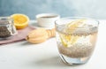 Composition with glass of water and chia seeds on table Royalty Free Stock Photo