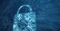 Composition of glowing computer microchip and motherboard padlock symbol on dark background Royalty Free Stock Photo