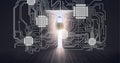 Composition of glowing computer microchips and motherboard with padlock on dark room background Royalty Free Stock Photo