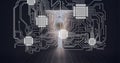 Composition of glowing computer microchips and motherboard with padlock on dark room background Royalty Free Stock Photo
