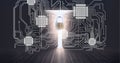 Composition of glowing computer microchips and motherboard with padlock on dark room background Royalty Free Stock Photo