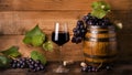 Still life, goblet of red wine, grapes and barrel Royalty Free Stock Photo