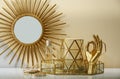 Composition with  accessories and jewelry on dressing table near color wall Royalty Free Stock Photo