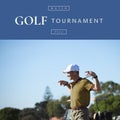 Composition of golf championship text over caucasian man playing golf