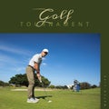 Composition of golf championship text over caucasian man playing golf