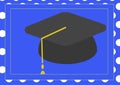 Composition of graduation hat in frame on blue background