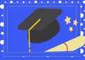 Composition of graduation hat and stars in frame on blue background