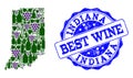 Composition of Grape Wine Map of Indiana State and Best Wine Stamp Royalty Free Stock Photo