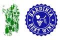 Composition of Grape Wine Map of Sardinia Region and Best Wine Grunge Stamp Royalty Free Stock Photo