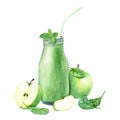 Composition with green cocktail smoothie, apple, spinach and mint. Watercolor illustration isolated on white. Royalty Free Stock Photo