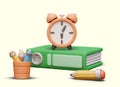 Composition with green folder with files with documents, orange clock, pencil