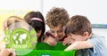 Composition of green globe logo and earth day text over children looking in recycling box Royalty Free Stock Photo