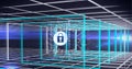Composition of grey padlock icon with circuits in 3d grid on dark background