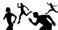 Composition of group of athletic male and female silhouettes running on white background
