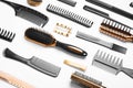 Composition with hair combs and brushes on background, above view Royalty Free Stock Photo