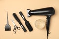 Composition with hairdresser accessories on background, top view Royalty Free Stock Photo