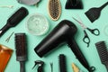 Composition with hairdresser accessories on background, top view Royalty Free Stock Photo