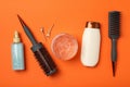 Composition with hairdresser accessories on background, top view Royalty Free Stock Photo