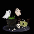 Composition Halloween with a magic pumpkin and ghosts Royalty Free Stock Photo