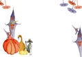 Composition of halloween pumpkin and black cat on castle background with watercolor. Royalty Free Stock Photo