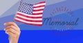 Composition of hand holding american flag over happy memorial day text, on blue stripes Royalty Free Stock Photo