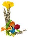 Composition of hand painted Easter eggs, flowers, catkins, daffodils. Royalty Free Stock Photo