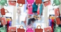 Composition of handbag repeated over fashion studio