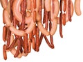 Composition of hanging sausage of different varieties, sausages, dry sausage, hunting sausages