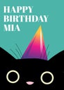Composition of happy birthday mia text with cat on green background