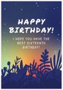 Composition of happy birthday text and message in white, with plants silhouette on sunset sky Royalty Free Stock Photo