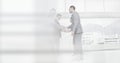 Composition of happy male and female business people shaking hands in office with motion blur Royalty Free Stock Photo