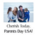 Composition of happy parents day text over happy caucasian family at beach