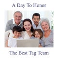 Composition of happy parents day text over happy caucasian family with laptop