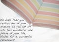 Composition of happy retirement with striped parasol in beach