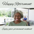 Composition of happy retirement text over senior biracial woman smiling Royalty Free Stock Photo
