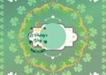 Composition of happy st paddy\'s day text on circle in frame with clover on green background Royalty Free Stock Photo