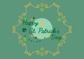 Composition of happy st patrick\'s day text on circle in yellow frame with clover on green background Royalty Free Stock Photo