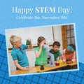 Composition of happy stem day text and photo of diverse school children using microscope Royalty Free Stock Photo