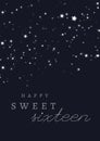 Composition of happy sweet sixteen text over white stars on black background