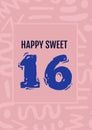 Composition of happy sweet 16 text in red on pale pink patterned background