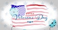 Composition of happy veterans day text and blue balloons, over stars and american flag Royalty Free Stock Photo
