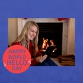 Composition of happy world hello day text with caucasian woman using tablet
