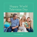 Composition of happy world television day text with caucasian family watching tv